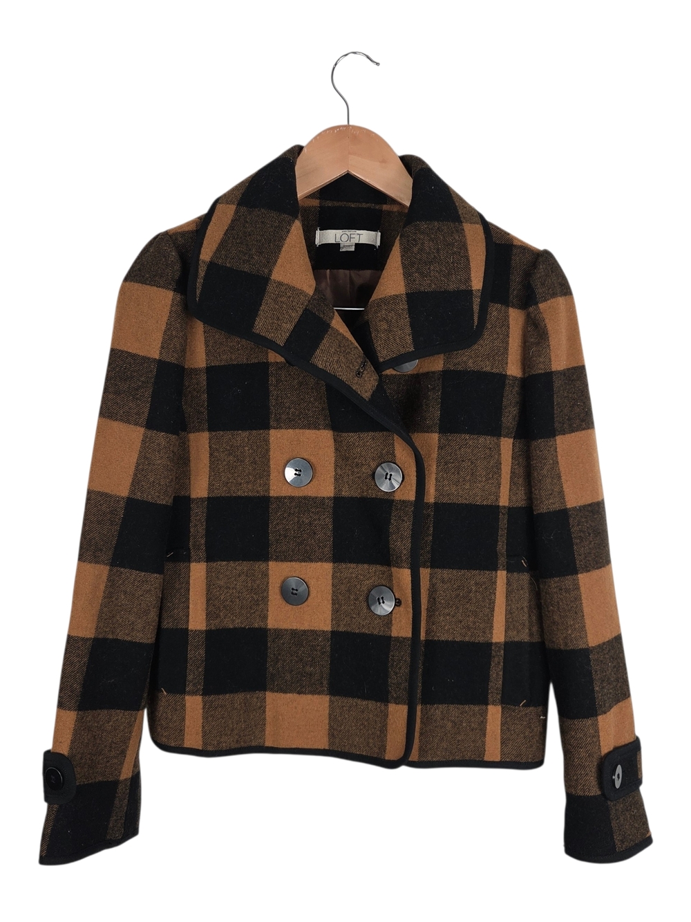 LOFT Black and Camel Plaid Double-Breasted Pea Coat